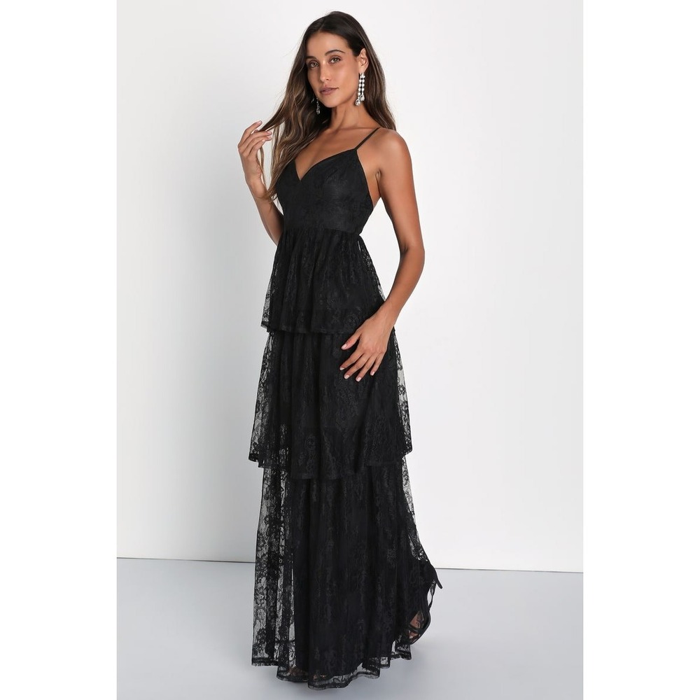 Lulus Tier I Go Black Lace V-Neck Sleeveless Tiered Maxi Dress Formal XXL
